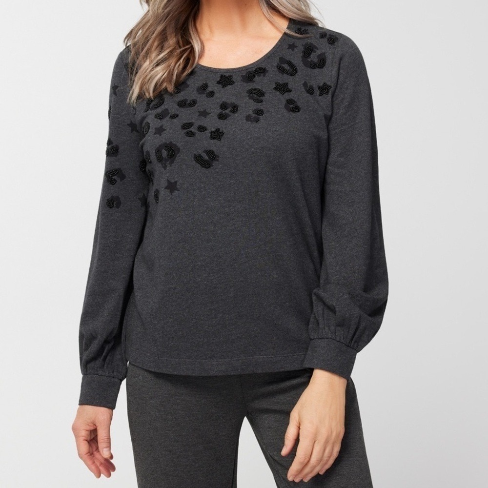 Chicos‎ Weekends New Size 1 US M Grey Black Star Leopard Long Sleeves Top